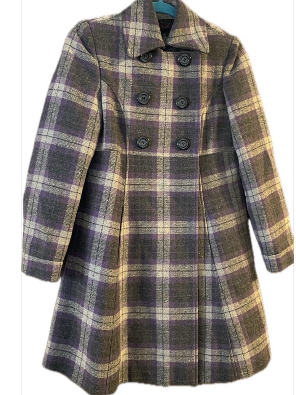 Plaid Wool Double-Breasted Coat in Purple & Gray